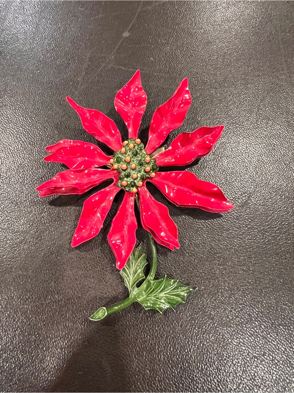 Vintage Enamel Poinsettia  Flower Metal Large Brooch Pin 4"